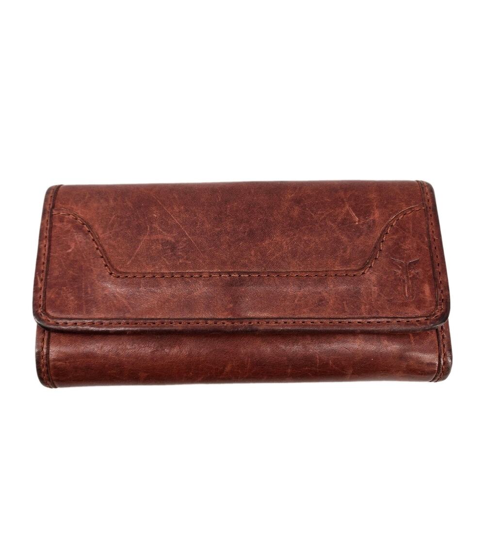 Frye Melissa Continental Cognac Brown Leather Snap Trifold Wallet Distressed